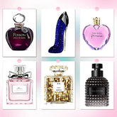 A set of six modern wall art prints featuring illustrations of iconic perfume bottles.