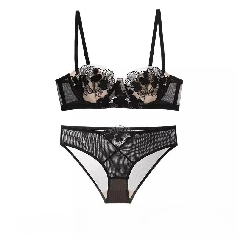 Rabbit Ears Big Chest Small Thin Bra French Underwear Soft Underwire Sexy European and American Embroidery Bra Set for Women SHOWLU FASHION STORE