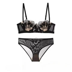 Rabbit Ears Big Chest Small Thin Bra French Underwear Soft Underwire Sexy European and American Embroidery Bra Set for Women SHOWLU FASHION STORE