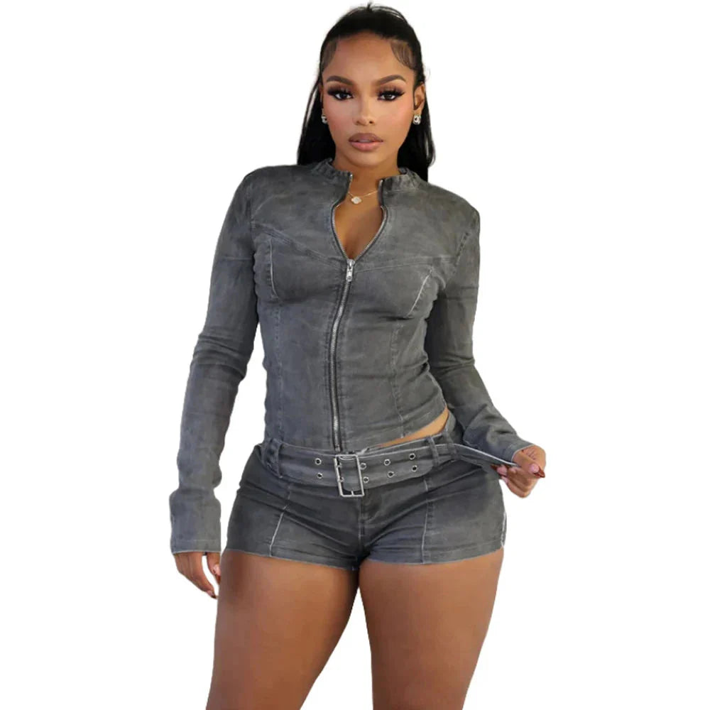 Sexy Denim Womens 2 Two Piece Set Stretchy Long Sleeve Zip Up Slim Jackets and Shorts Suits Y2k Streetwear Belt Jean Outfit Sets SHOWLU FASHION STORE