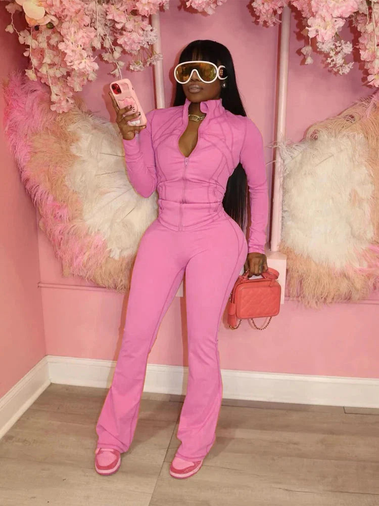 Fall 2024 Women Clothes Two Piece Flared Pants Tracksuits Set Casual Gym Active Wear 2 Piece Set Lounge Womens Matching Sets SHOWLU FASHION STORE