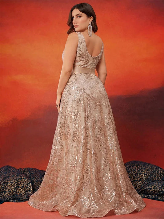 Lucyinlove Plus Size Luxury Deep V-Neck Sequins Blue Evening Dress Women Elegant V-back Wedding Party Long Prom Cocktail Dresses SHOWLU FASHION STORE