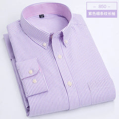 A men's long-sleeve button-down shirt featuring a purple and white pinstripe pattern.