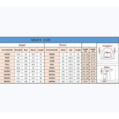 A size chart table for a men's two-piece formal suit set with jacket and pants measurements.