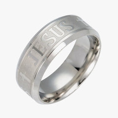 A silver-toned stainless steel ring featuring an engraved Jesus inscription and cross symbols.