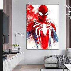 A vertical canvas print of Spider-Man in a modern watercolor style displayed on a living room wall.