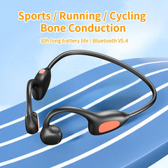 Black bone conduction sports headphones with orange accents resting on a blue track background.