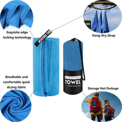 A blue microfiber sports towel shown with its storage bag, hanging strap, and fabric detail.
