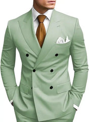 A slim-fit, light green double-breasted suit jacket worn with a white shirt and brown tie.