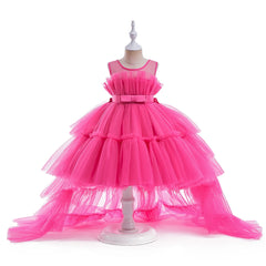 Red Puffy Tulle Flower Girls Dress Trailing First Communion Party Dresses For Girl Children Costume Princess Birthday Clothes