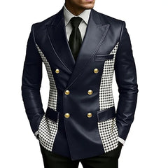 Men’s Brown Leather Blazer With Houndstooth Sides Vintage Two-Tone Double Breasted Slim Fit Gold Buttons Leather Tuxedo Jacket