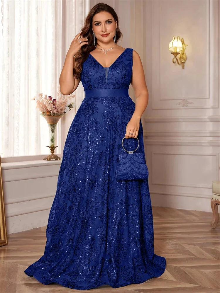 Lucyinlove Plus Size Luxury Deep V-Neck Sequins Blue Evening Dress Women Elegant V-back Wedding Party Long Prom Cocktail Dresses SHOWLU FASHION STORE