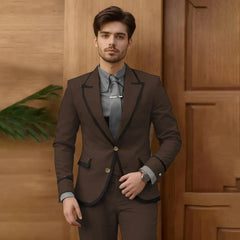 Beige Male Fashion Suit 2 Piece Set Single Breasted Jacket Pants Groomsmen Prom Blazers Outfits Slim Fit Groom Wedding Tuxedos