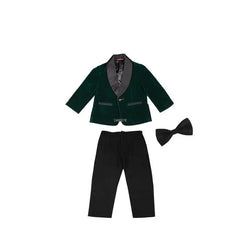 A formal boys suit set featuring a dark green velvet blazer with black lapels, black trousers, and a matching bow tie.