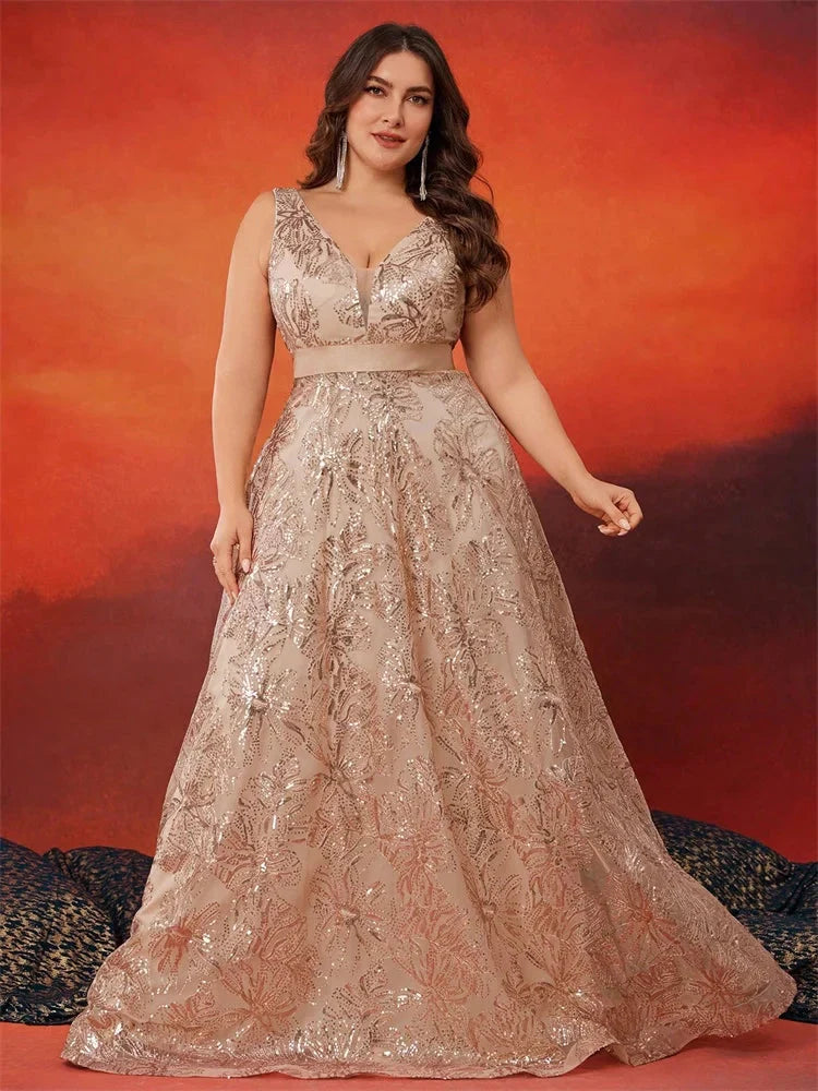 Lucyinlove Plus Size Luxury Deep V-Neck Sequins Blue Evening Dress Women Elegant V-back Wedding Party Long Prom Cocktail Dresses SHOWLU FASHION STORE