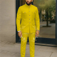 Affrica Style White Stand Collar Single Breasted Jacket Pants Business Men Suit Tuxedos Groom Wedding Suits Male Blazer Sets