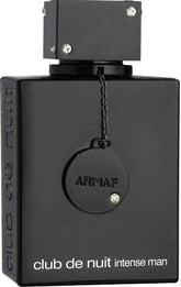 A black rectangular bottle of Armaf Club De Nuit Intense Man fragrance with a crystal-studded cap.