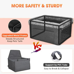 A comparison image showing a dog car seat with a metal frame versus one with PVC tubes.