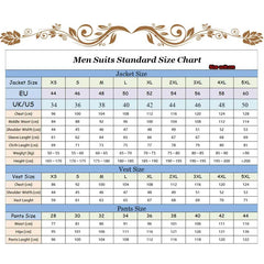 A size chart for men's suits, vests, and pants with measurements in centimeters and kilograms.