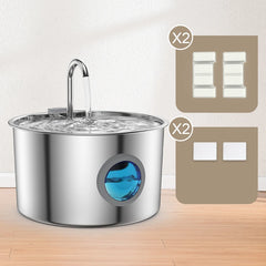 A stainless steel pet water fountain with a circular viewing window and included filter sets.