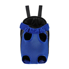 A blue mesh pet carrier backpack with adjustable straps for small dogs or cats.