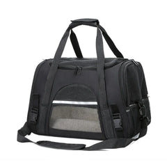 A black, soft-sided pet carrier bag with mesh ventilation panels and a shoulder strap.
