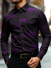 Men's Slim Fit Geometric Print Shirt Machine Washable, Classic Collar & Button-Up Front, All-Season Versatile Office Casual Wear