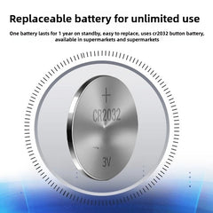 A CR2032 3V button battery is shown centered against a circular background.
