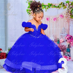 Flower Girl Dresses Red Kids Birthday Sheer Neck Pleated Ruffles Tiered Tulle Ball Gowns for Wedding