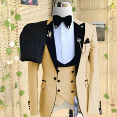 Beige Formal Men Suit 3 Pieces Tuxedos Peaked Lapel Groomsmen Wedding Suits Set Fashion Male Party Business Blazer Pants Vest