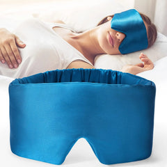 A blue silk sleep mask shown both as a standalone product and worn by a woman in bed.