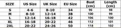 A size chart table for a women's dress showing US, UK, and EU sizes with bust and length in cm.