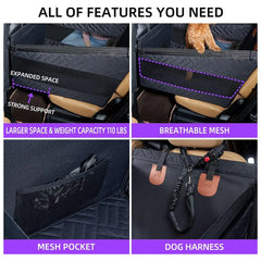 A black quilted car backseat protector for pets featuring a mesh window, storage, and a harness.