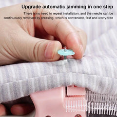A hand uses a pink handheld clothing fixer tool to attach a small plastic fastener to fabric.