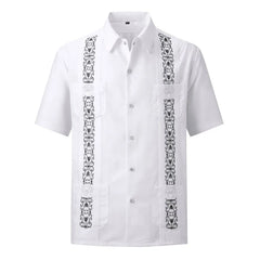 White Men's Guayabera Shirts Fashion Embroidered Short Sleeve Shirts for Men Mexican Cuban Shirts with Four Pockets
