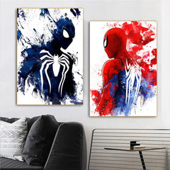 Two unframed canvas prints featuring watercolor-style illustrations of Spider-Man on a wall.