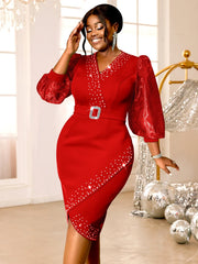 A woman wears a red midi sheath dress with puff sleeves, a beaded V-neck, and a crystal belt.