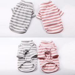 Two striped pet sweaters in grey and pink are shown from both the front and back views.