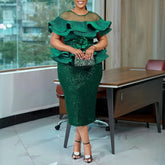 Women Sequin Christmas Party Dresses O Neck Patchwork Mesh Short Sleeve Ruffles Peplum 3D Flower Gowns Wedding Guest Occasion