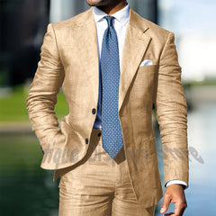Blue Linen Single Breasted Men Suit Two Pieces(Jacket+Pants) Outfits Casual Party Prom Wedding Set