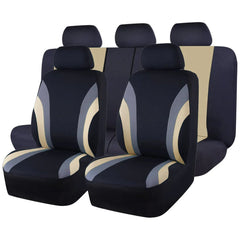 A full set of black, grey, and beige polyester car seat covers with a universal sports design.