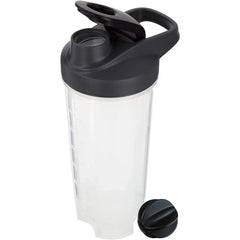 A clear 28 oz shaker bottle with a black lid, handle, and a separate mixing ball.