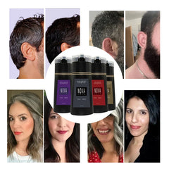 Four bottles of Nova hair dye shampoo in various colors surrounded by before and after photos.