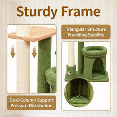 A green and beige cat tree tower featuring a scratching post, a cozy bed, and a stable base.