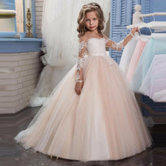 Customized Flower Girl Dresses Light Pink Tulle White Appliques Long Sleeve For Wedding Birthday Party Holy Communion Gown
