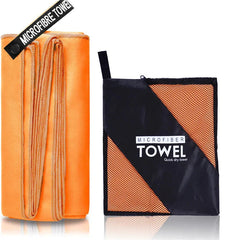 An orange microfiber sports towel shown unfolded next to its black and orange carrying pouch.
