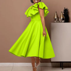 A lime green midi dress with a round neckline, ruffled butterfly sleeves, and an A-line skirt.