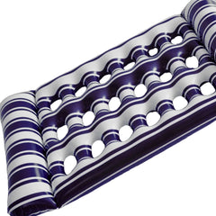 An inflatable pool lounger with a blue and white striped pattern and a series of circular cutouts.