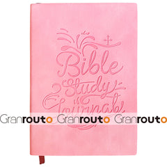 A pink Bible study journal with embossed text and a small ribbon bookmark at the bottom.