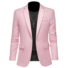 A light pink single-breasted men's blazer with a slim fit and a single button closure.